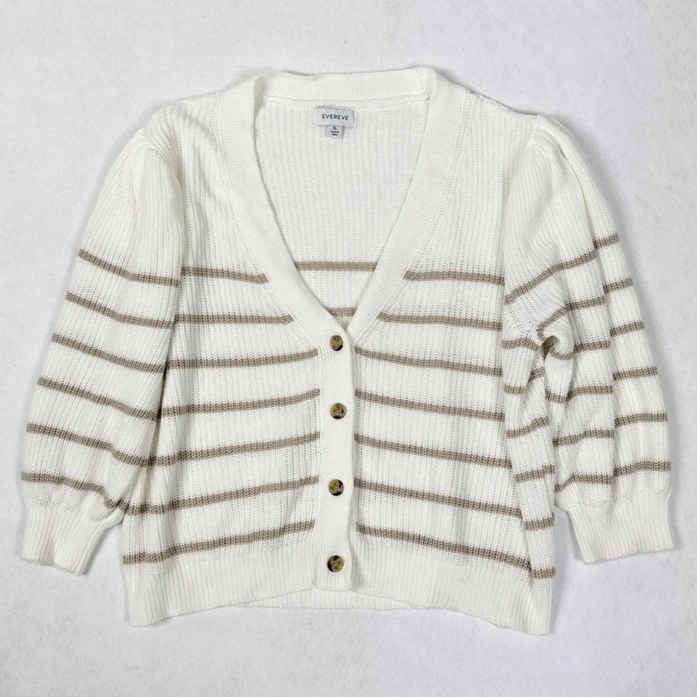 Evereve Hayes Cardigan Womens‎ XL Ivory Taupe Stripe Button Front